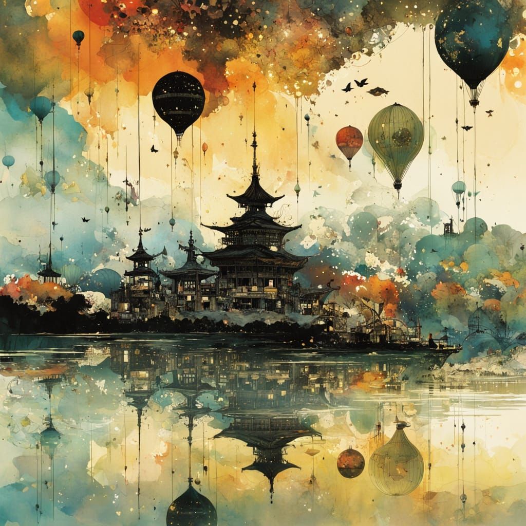 Watercolor Paradise World with Galaxies and Golden Trees