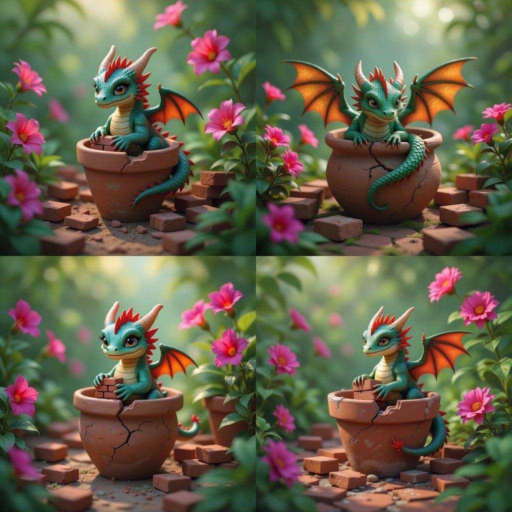 Tiny Dragon in Broken Pot with Brick, Fantasy Garden Art