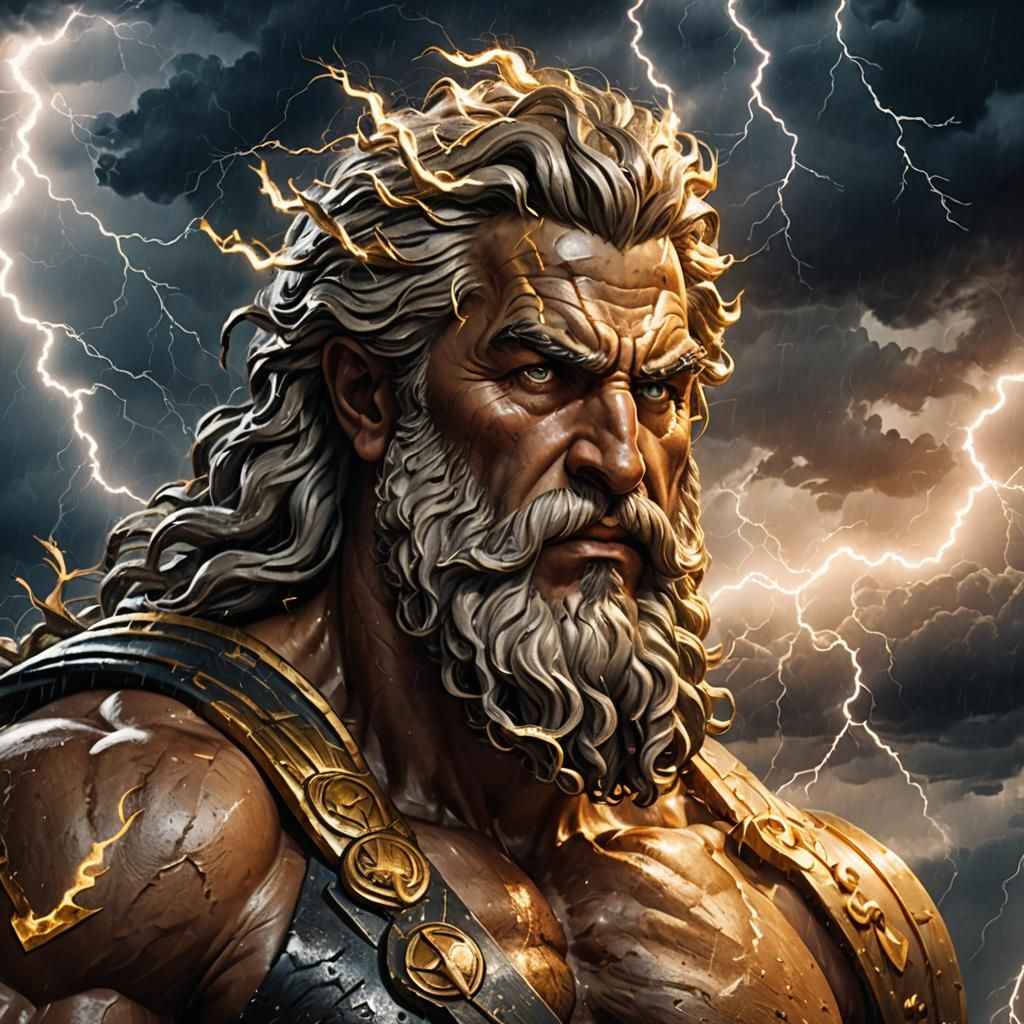 Fierce Zeus Holds Lightning Bolt in Stormy Sky