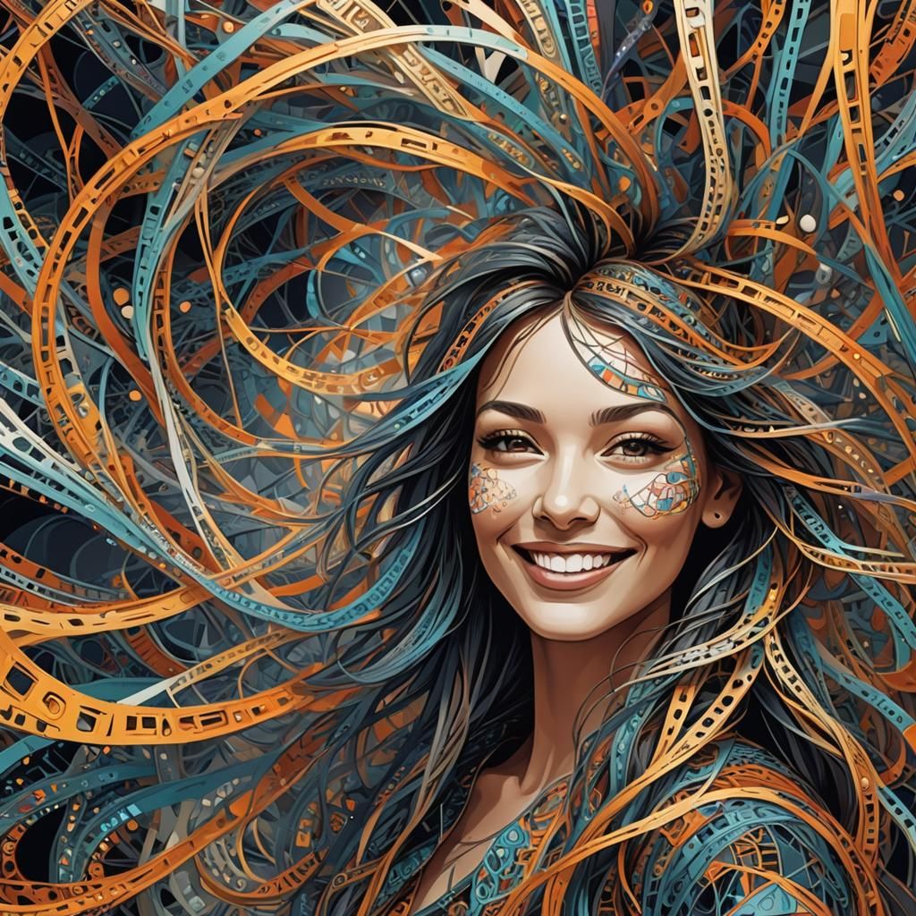 Young Woman Smiling on the Subway in Futuristic Fractal Art