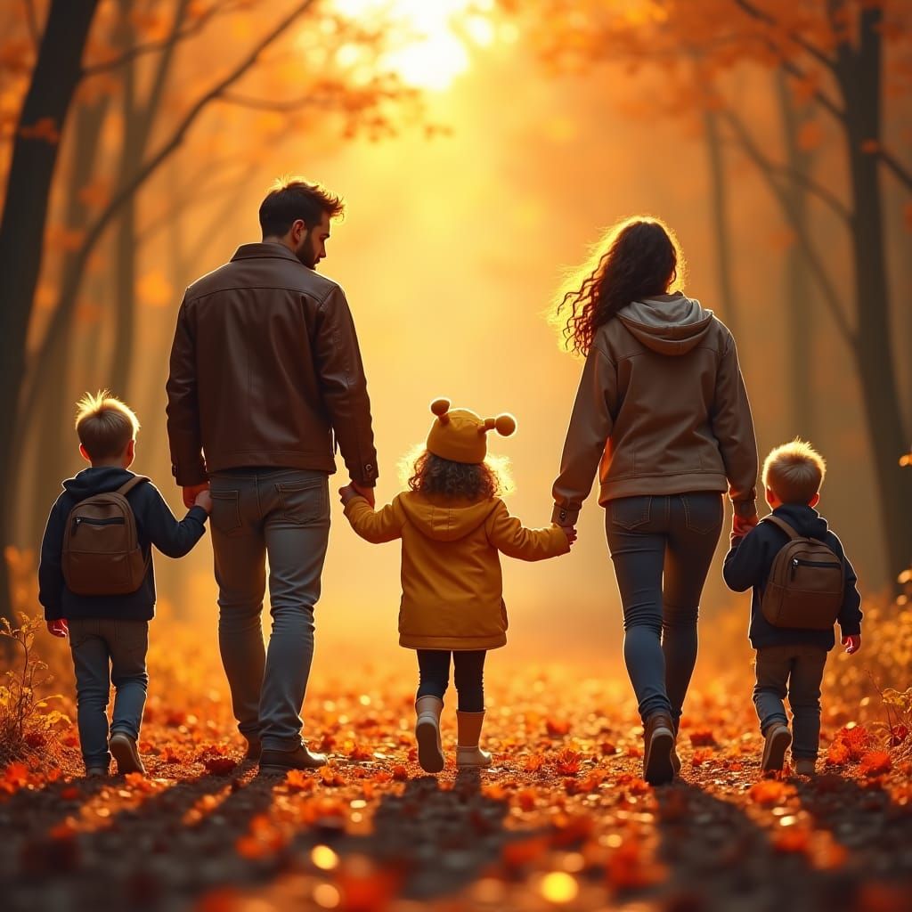 Family Silhouette in Autumn Forest, Surreal Style