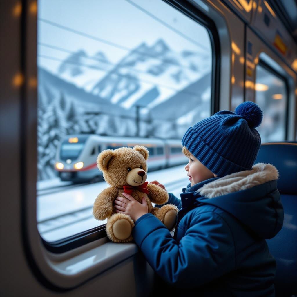 Boy and Teddy Bear on Train to Snowy Mountains
