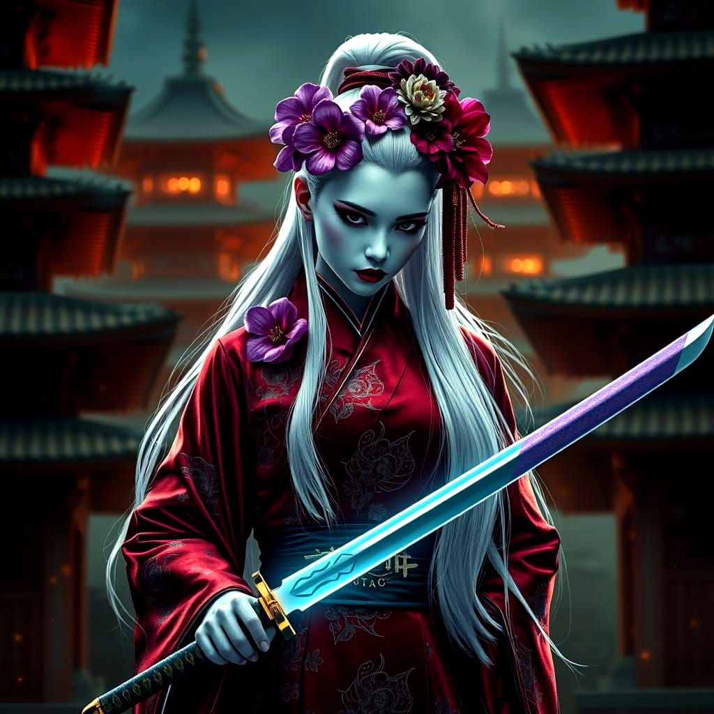 Mysterious Geisha Warrior in Ancient Pagoda Setting