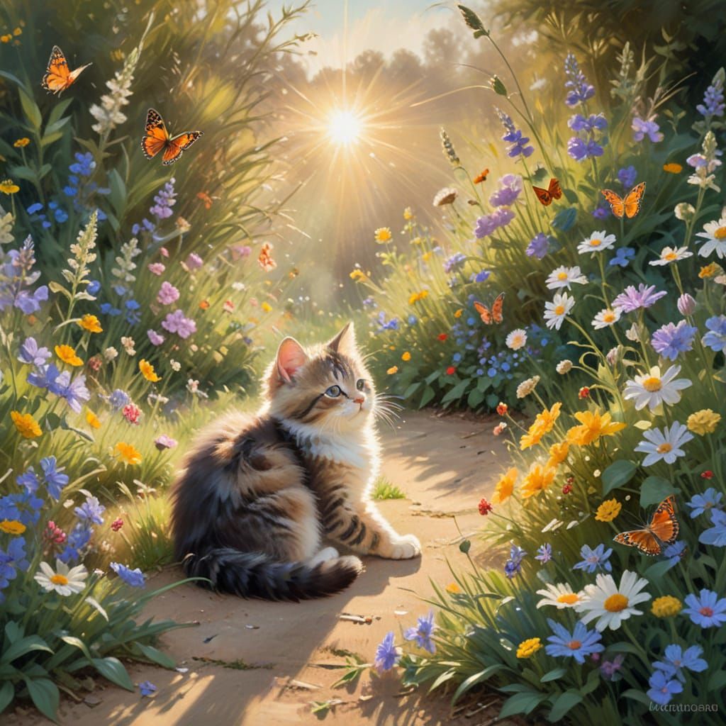 Fluffy Kitten in Sunlit Garden with Butterflies