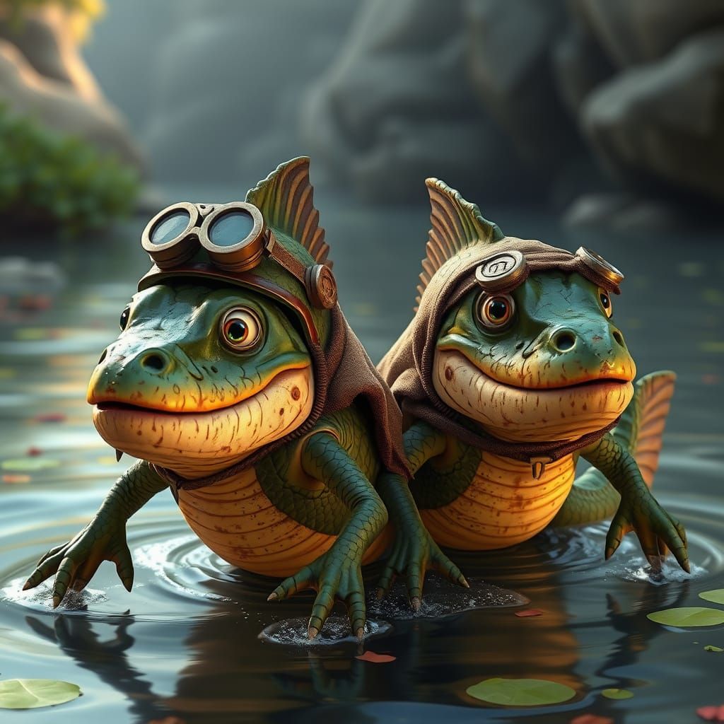 Battle-Scarred Walking Fish Emerging from Mystical River