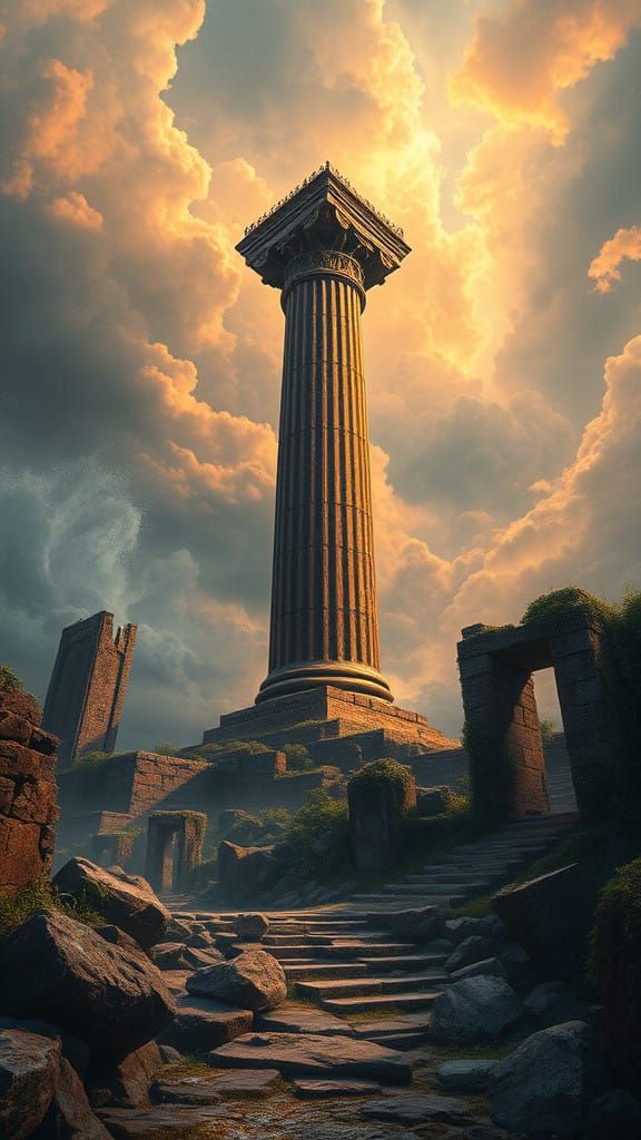 Timeless Iron Pillar in a Weathered, Fantastical Landscape