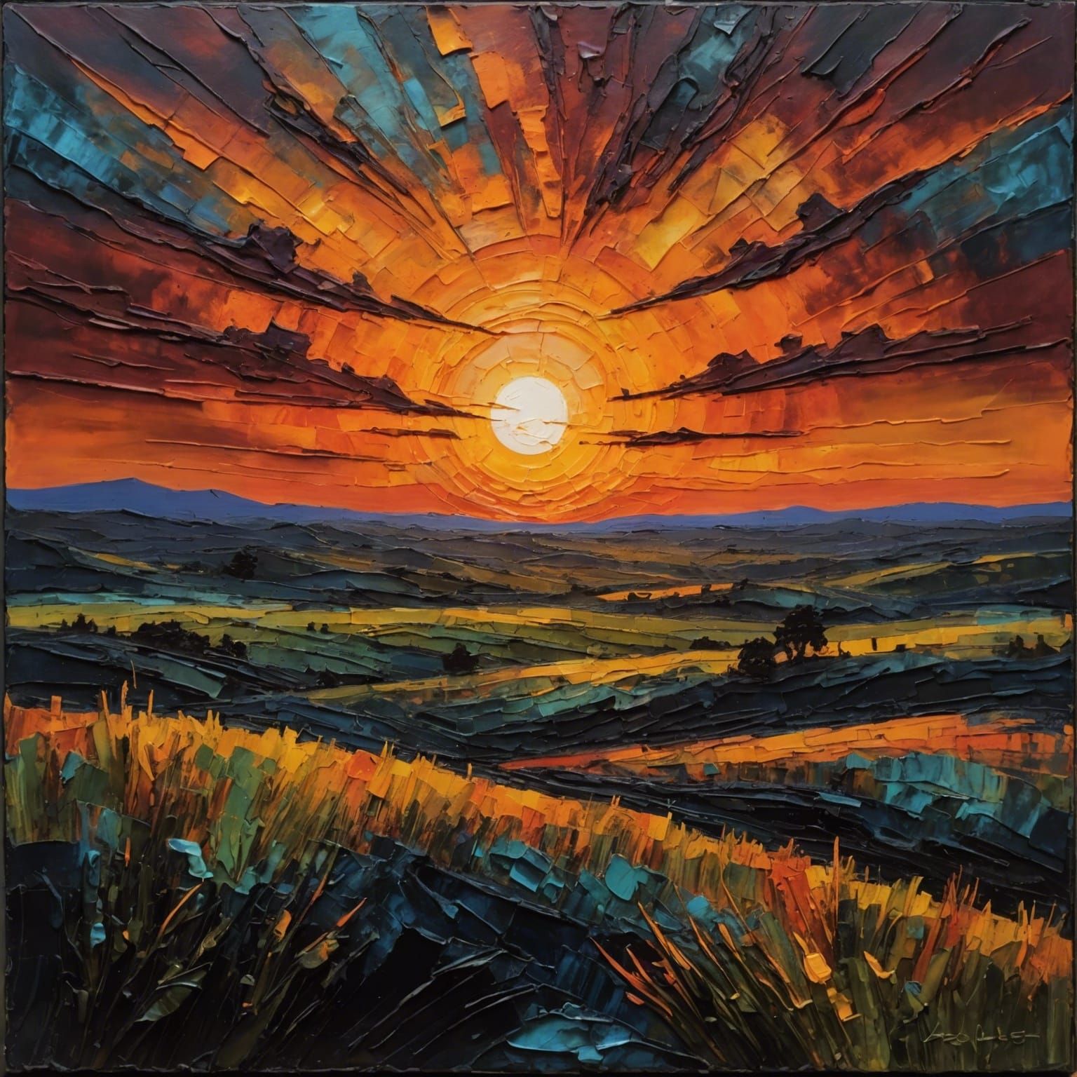 Sunset Landscape in Encaustic Impasto Painting Style