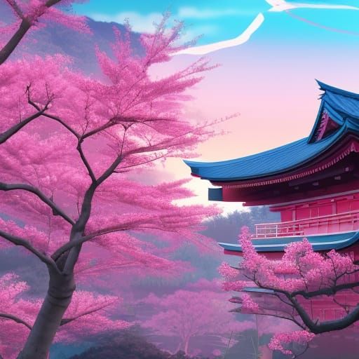 Pink Sunset with Sakura Trees, Fantasy Art