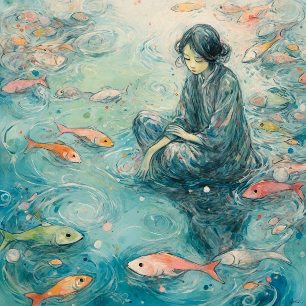 Meditative Japanese Woman in Ocean of Fish