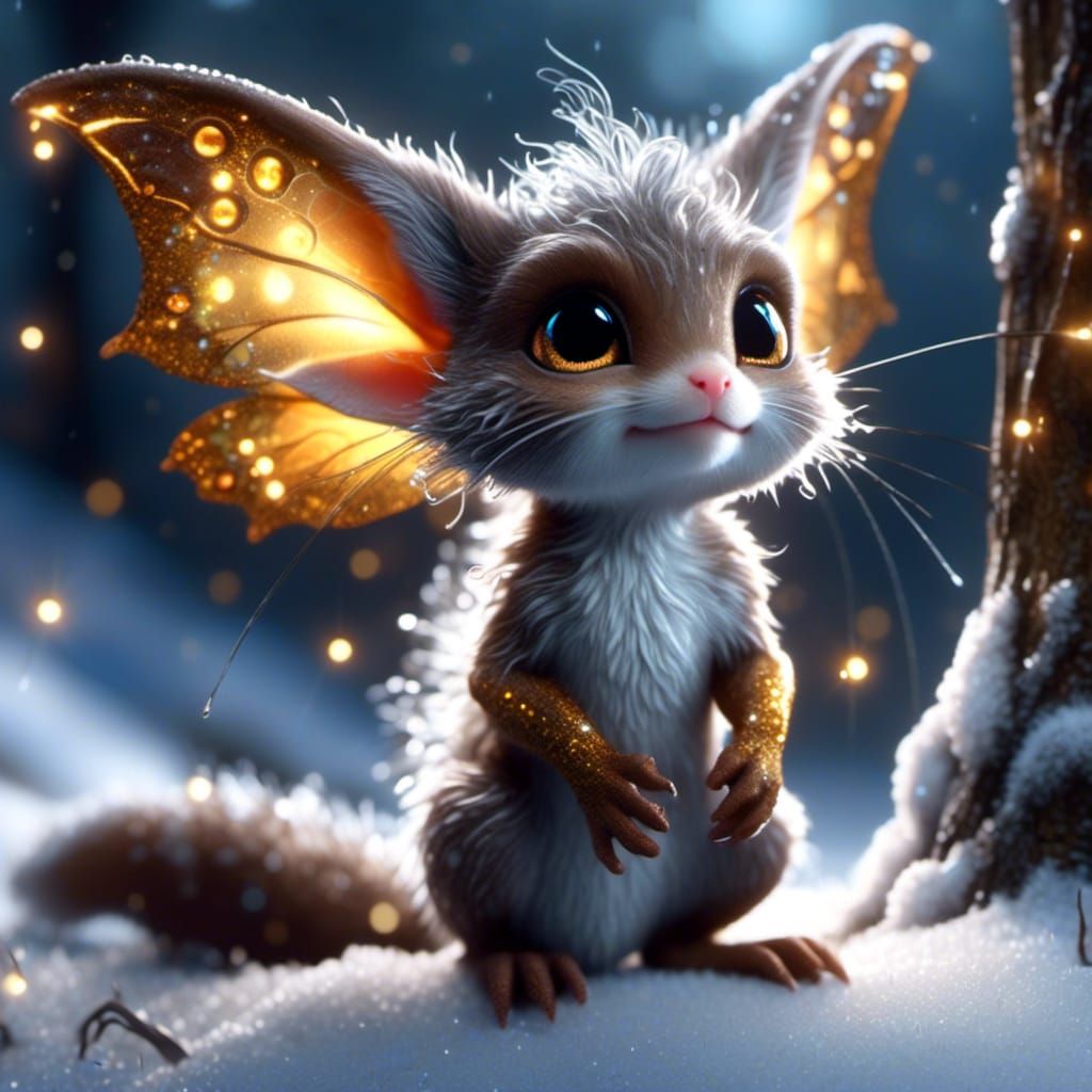 Cute Silver Gremlin in Winter Forest, Dark Fantasy Art