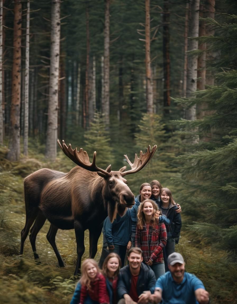 Moose Photobombing Family Selfie in Natural Light