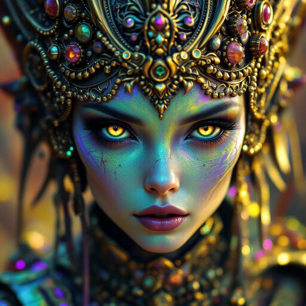 Ancient extraterrestrial creature, (alien, non human being). Alluring alien woman. Focus of the eyes. Psychedelic prisma...