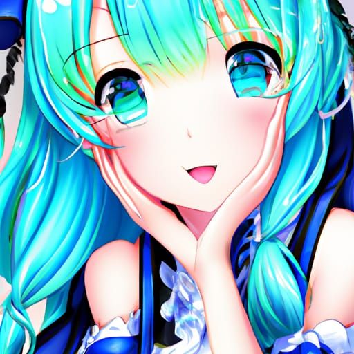 Cute Anime Girl with Blue Hair and Green Eyes