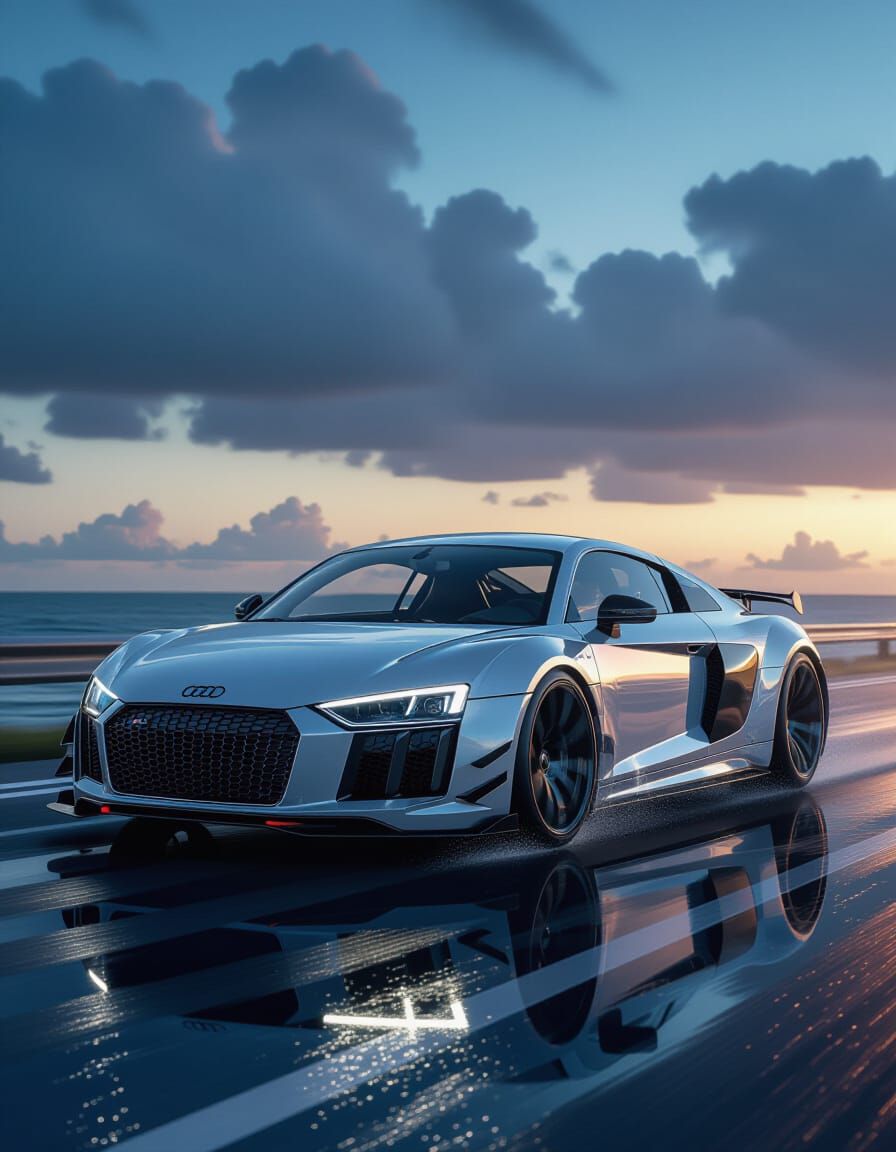 Aggressive Silver Audi R8 on Wet Coastal Road