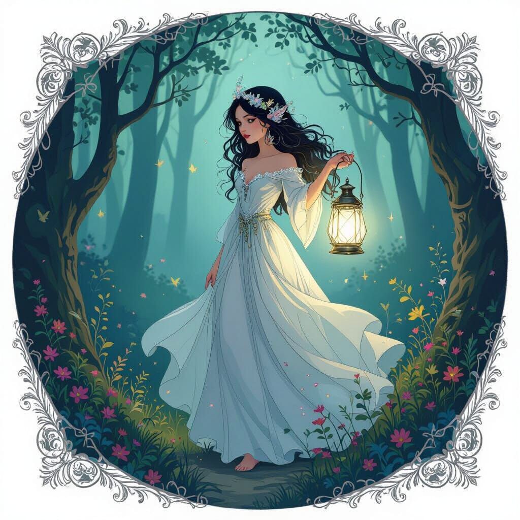 Ethereal Fairy with Silver Lantern in Dreamy Forest