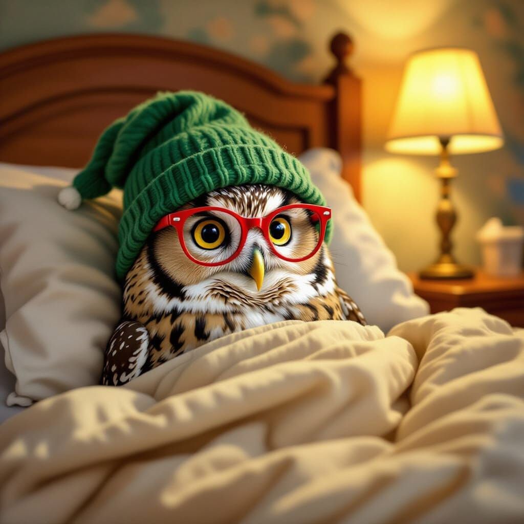 Cozy Owl in Bed with Red Glasses and Green Hat