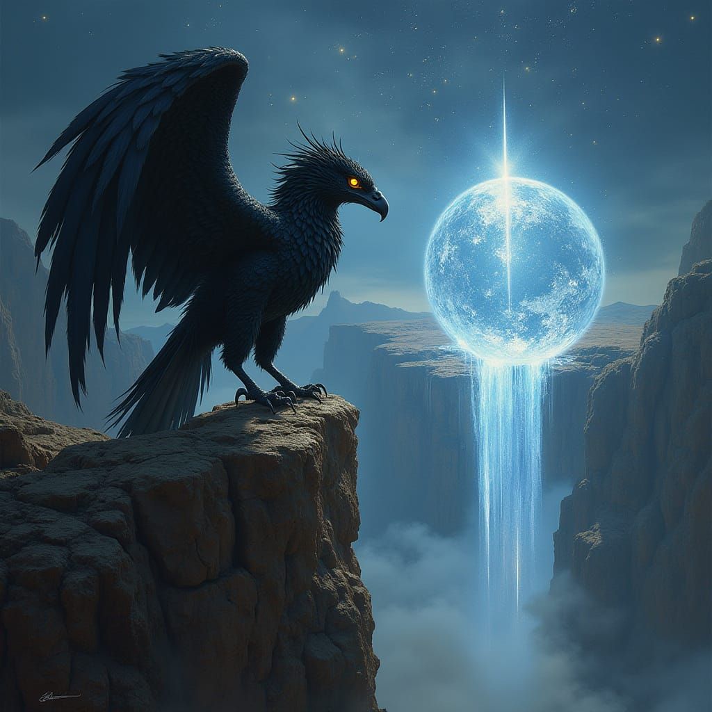 Griffin Perched Above Star-Filled Abyss