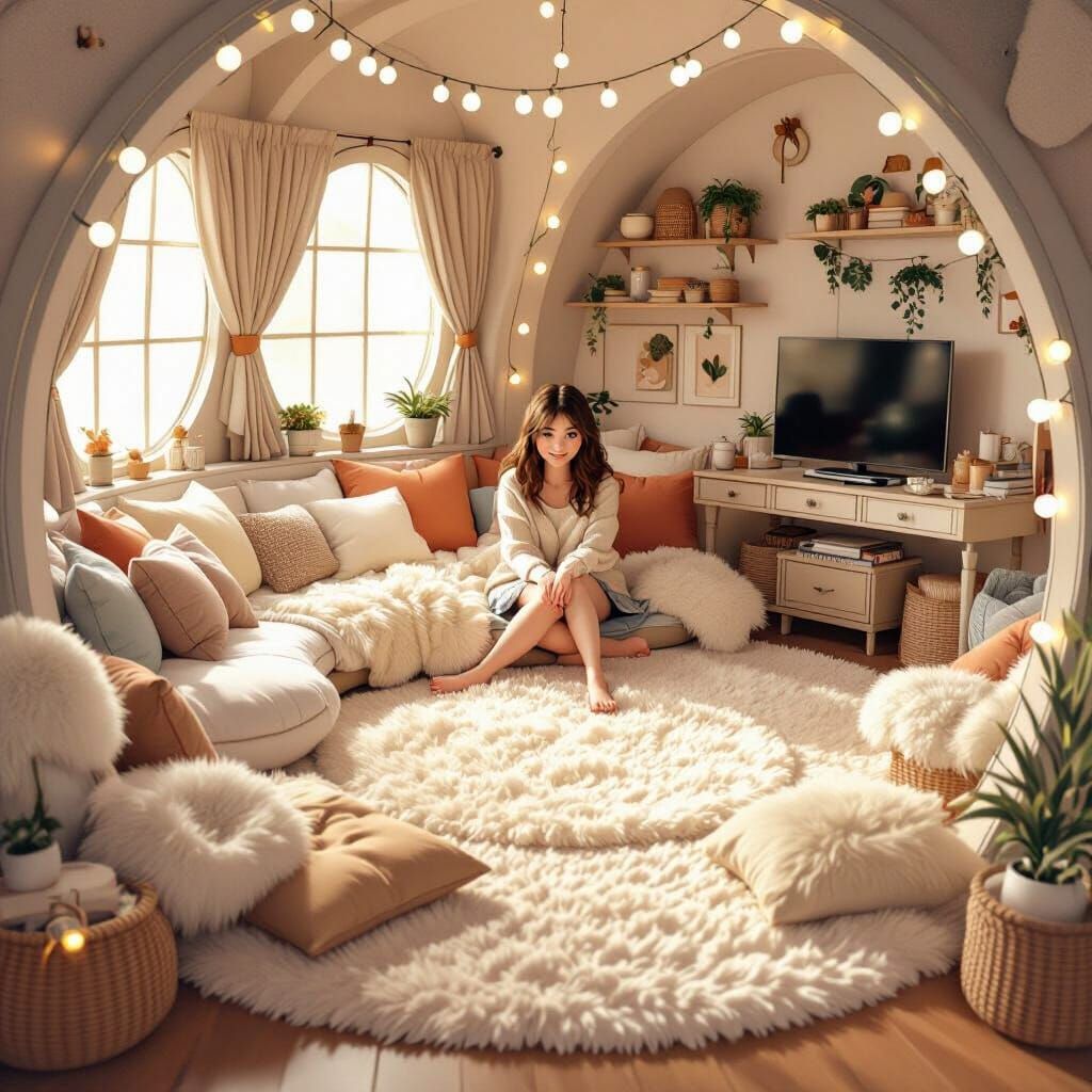 Cozy Circular Room with Bed and Desk, Dreamlike Style