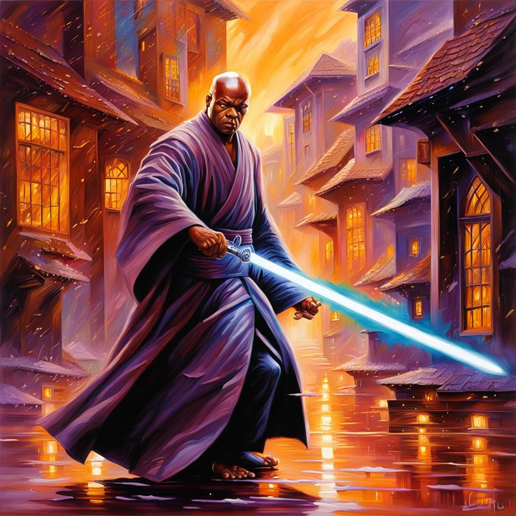 Mace Windu with Lightsaber in Oil Painting Style