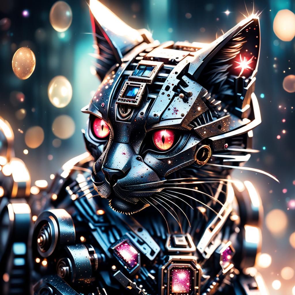 Evil Cyberpunk Robot Cat Dripping Blood