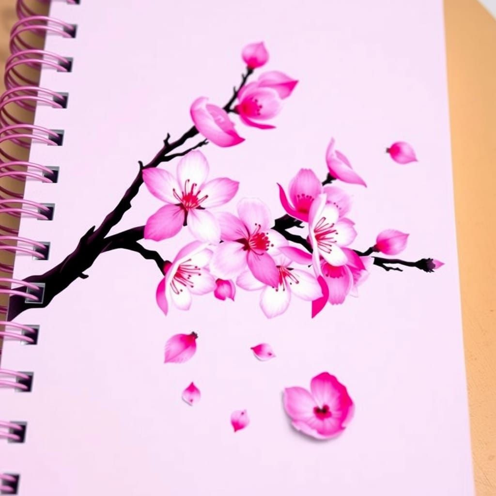 Cherry Blossom Notebook Close-Up with Pink Spiral Binding