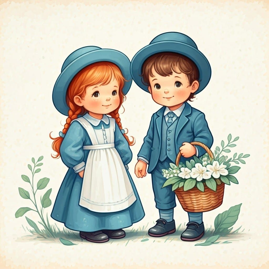 Vintage-Inspired Haredi Children in Soft, Dreamy Illustratio...