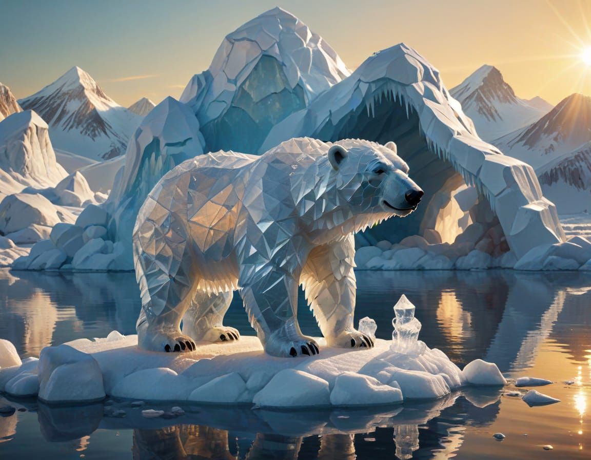 Melting Polar Bear Ice Sculpture in Golden Light