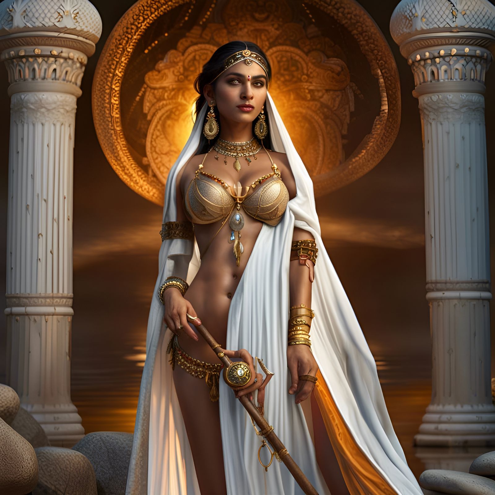 Beautiful Sorceress at Riverbank in Hyperrealistic Style