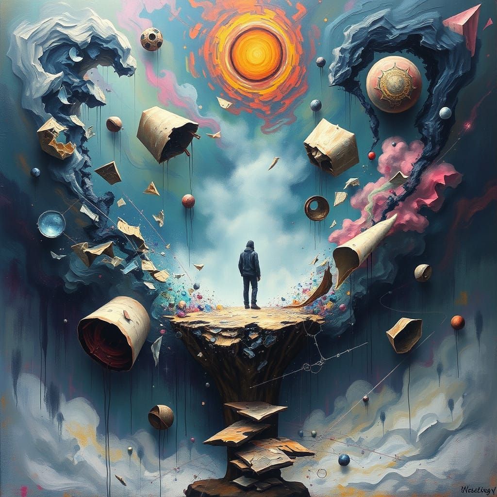 Surrealist Dreamscape with Fragmented Thoughts and Emotions