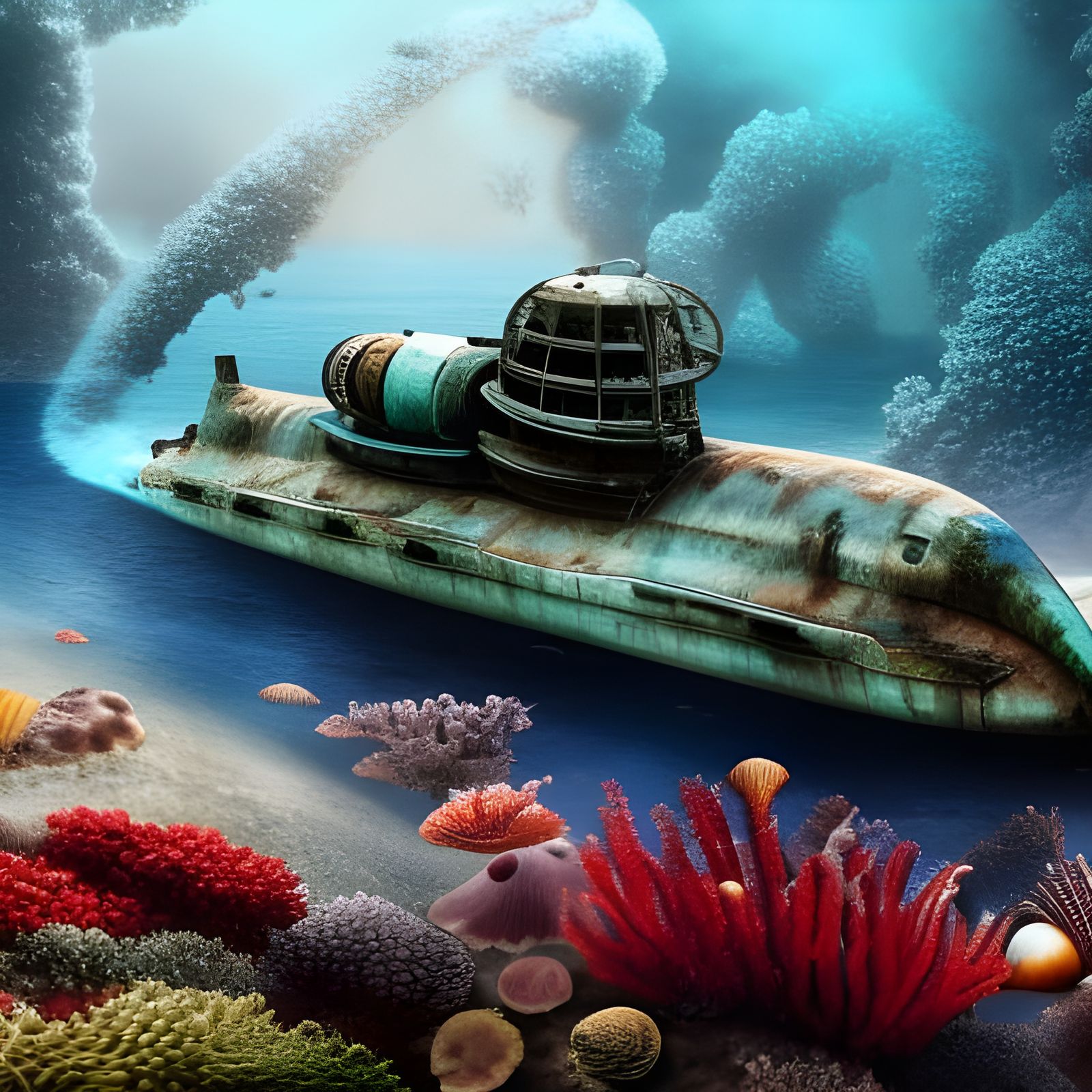 Seashell-Covered Submarine in Digital Matte Painting Style