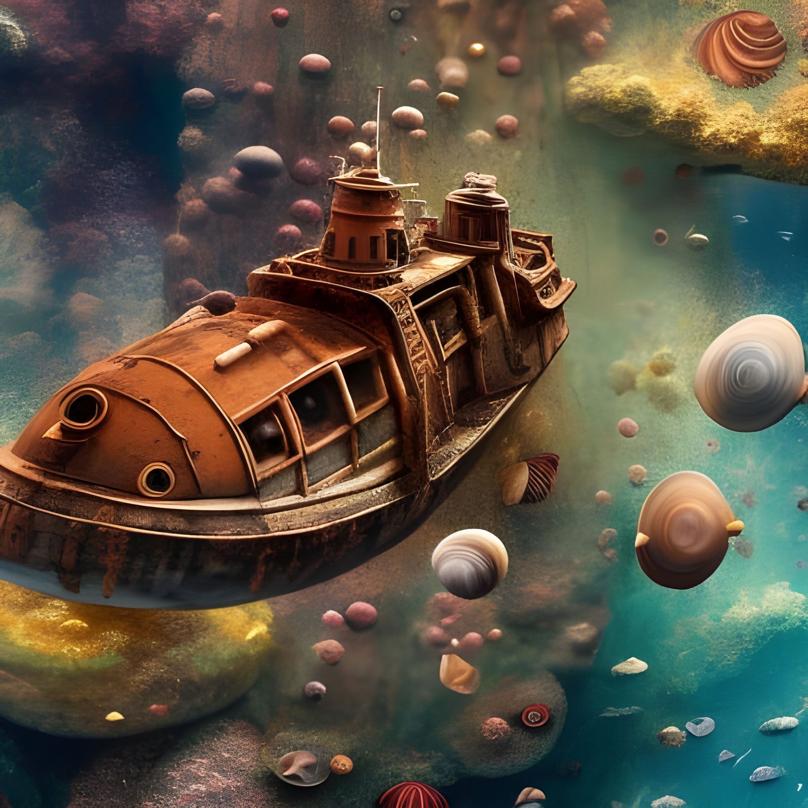 Detailed Old Submarine with Seashells, Digital Painting