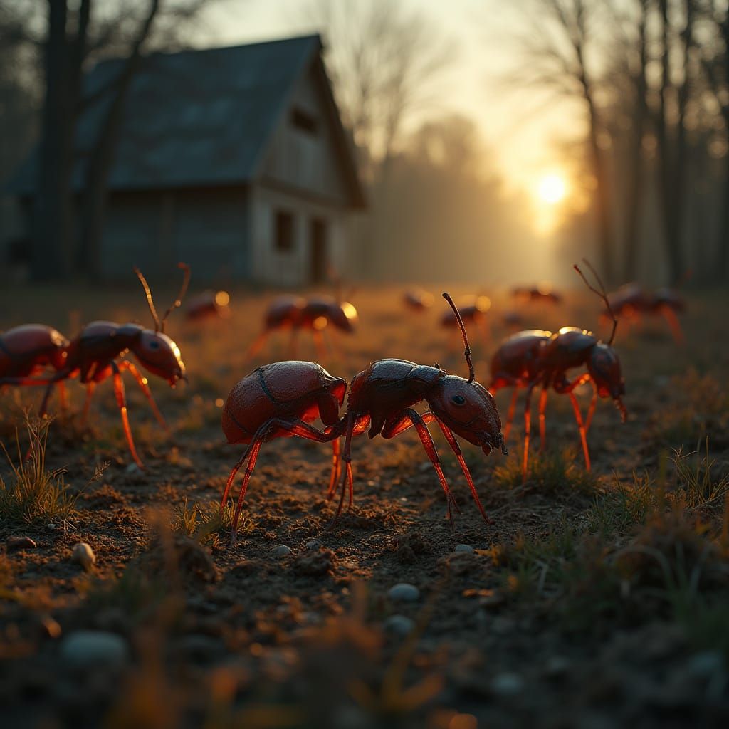Giant Ants Swarm Abandoned Farmhouse at Dusk