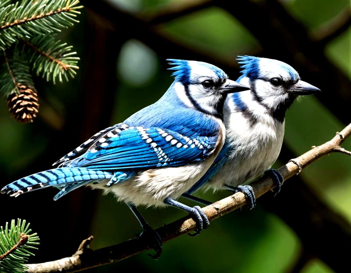 Blue Jay Pair Nest Building in Pine Tree