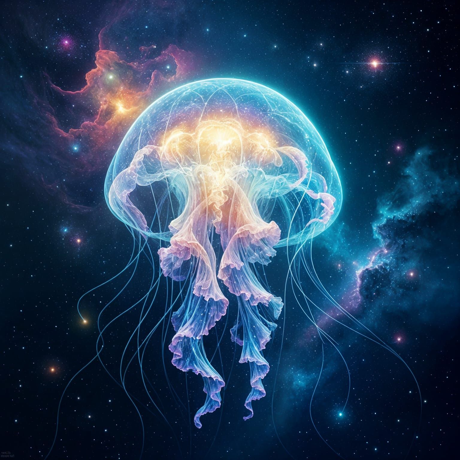 Bioluminescent Jellyfish in Cosmic Nebula Digital Painting