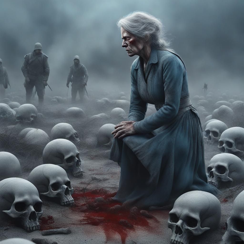 Grieving Woman on Battlefield in 3D