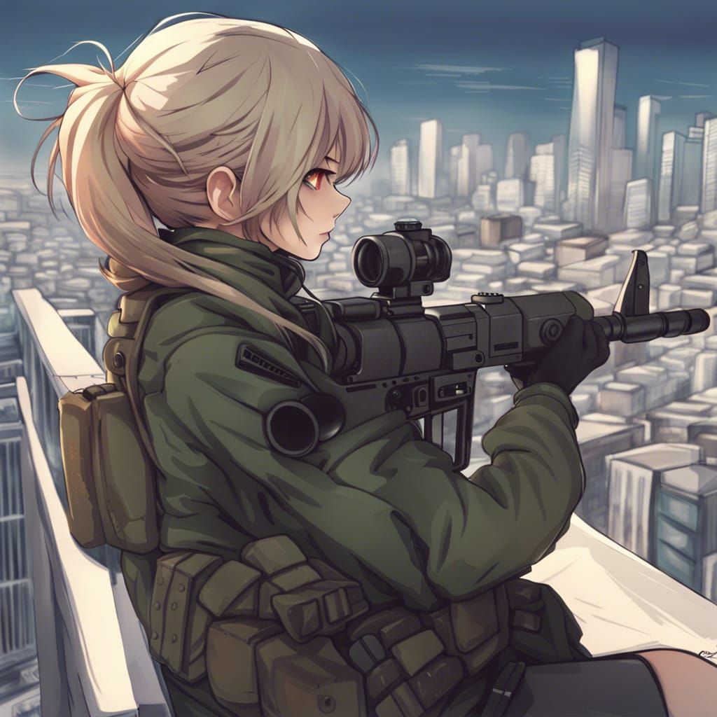 Female Sniper Overlooking City in Anime Style