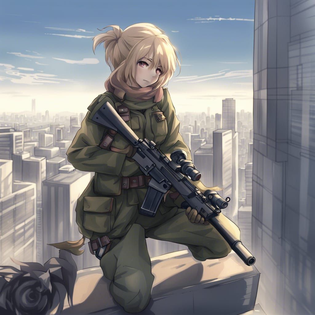 Anime Female Sniper Overlooking City