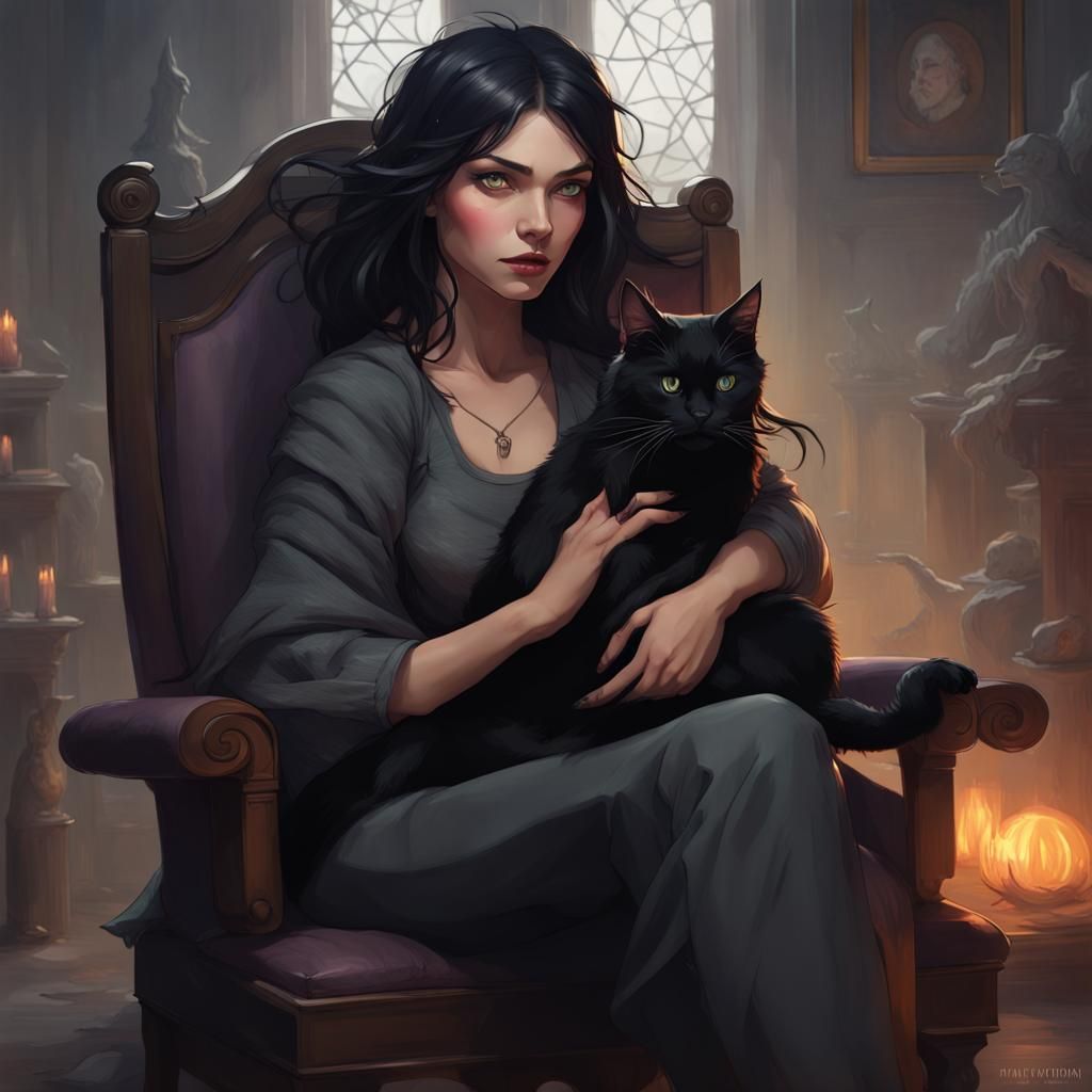 Witch and Cat Portrait in Hyperdetailed Style