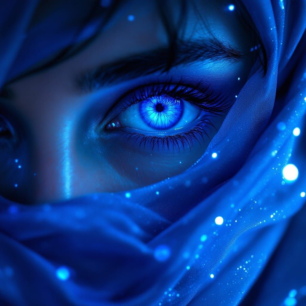 Sapphire Blue Eye Portrait in Ethereal Blue Fabric