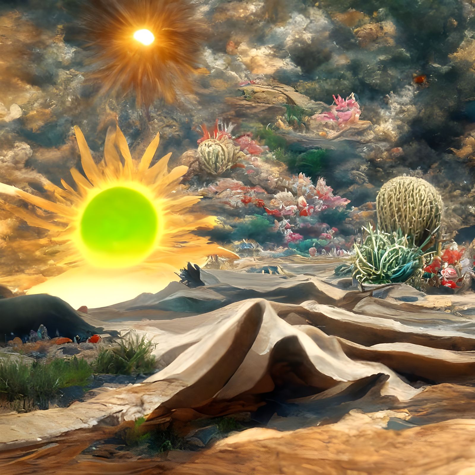 Surreal Desert Landscape with Fiery Sun