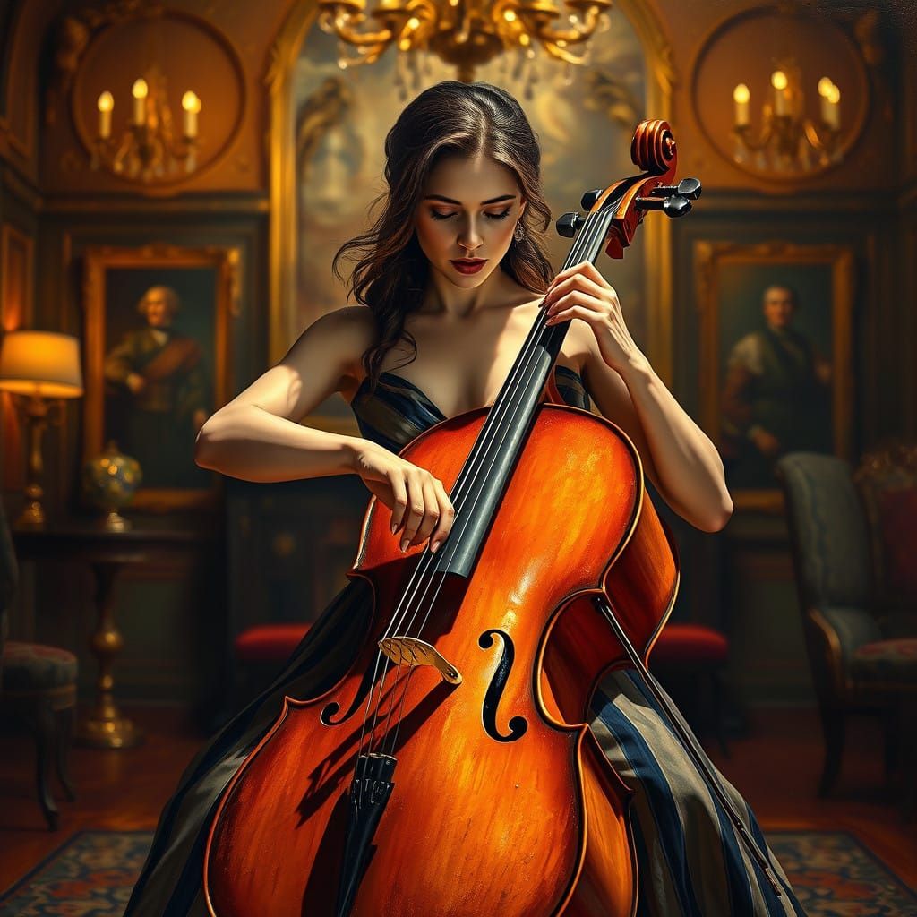 Elegant Woman Plays Cello in Golden Castle Room