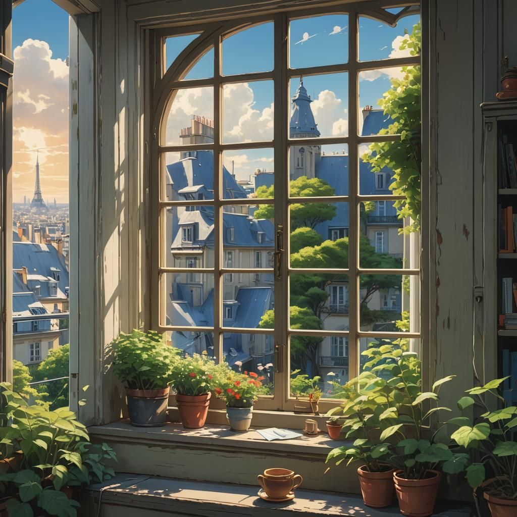 Parisian Window in Studio Ghibli Anime Style