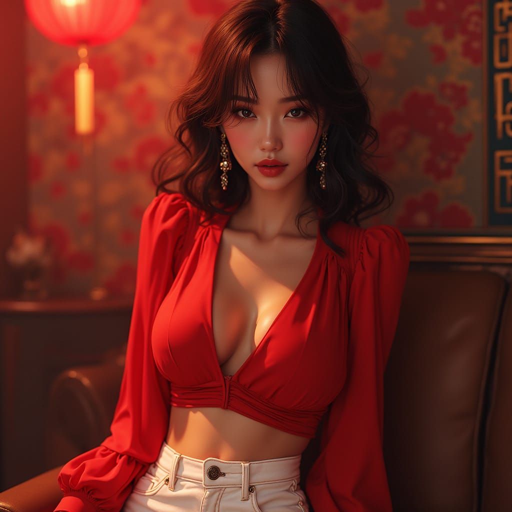 Hyperrealistic Pinup in Vibrant Reddish Hues