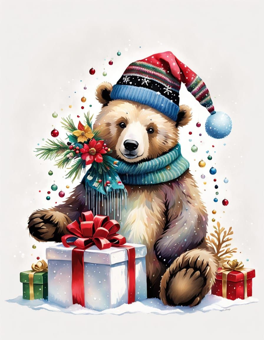Elegant Bear in Festive Sweater with Gift, Snowy Wonderland