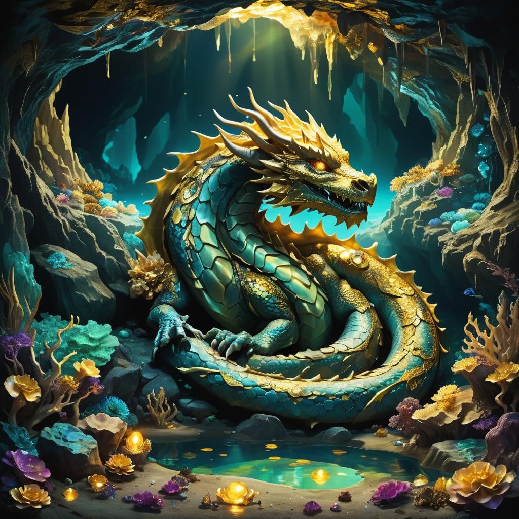 Ancient Dragon Sleeps in Undersea Cave of Treasure