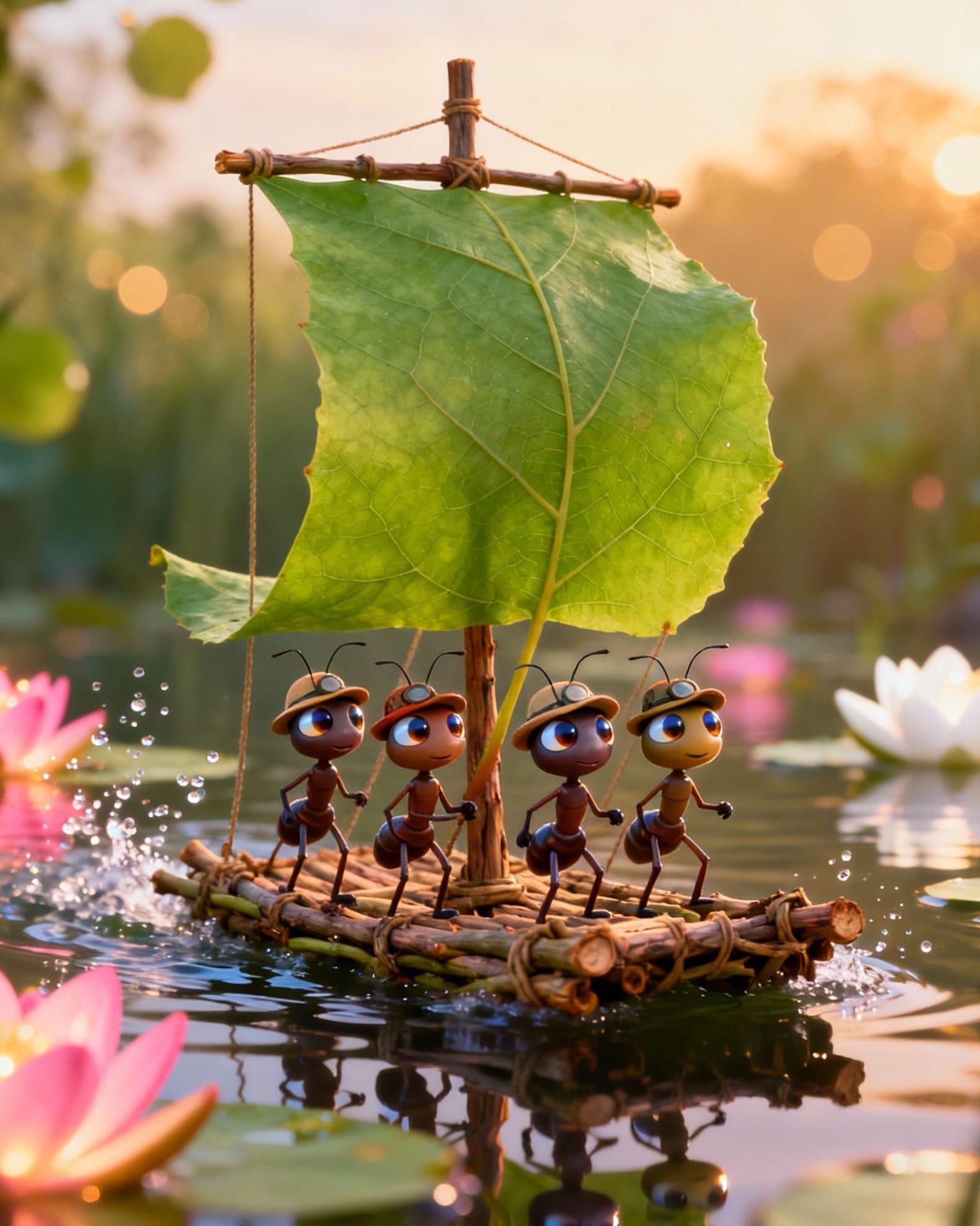 Ant Explorers Sail Magical Pond in Animated Film Style