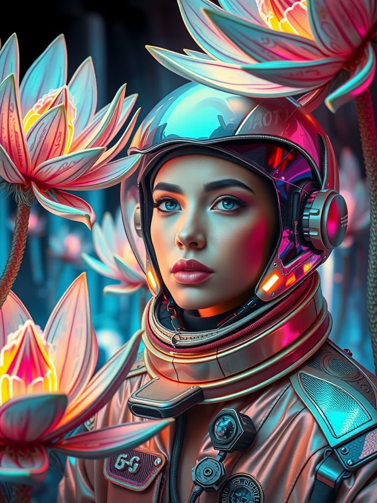Model in Cosmic Suit Among Alien Flora