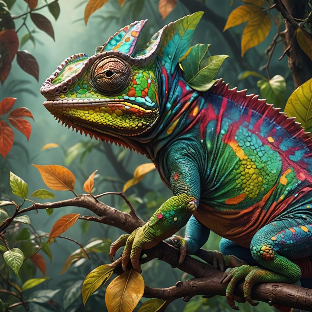Colorful Chameleon Close-Up in Hyperrealism