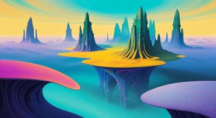 Surreal Dreamscape with Doppelganger in Roger Dean Style