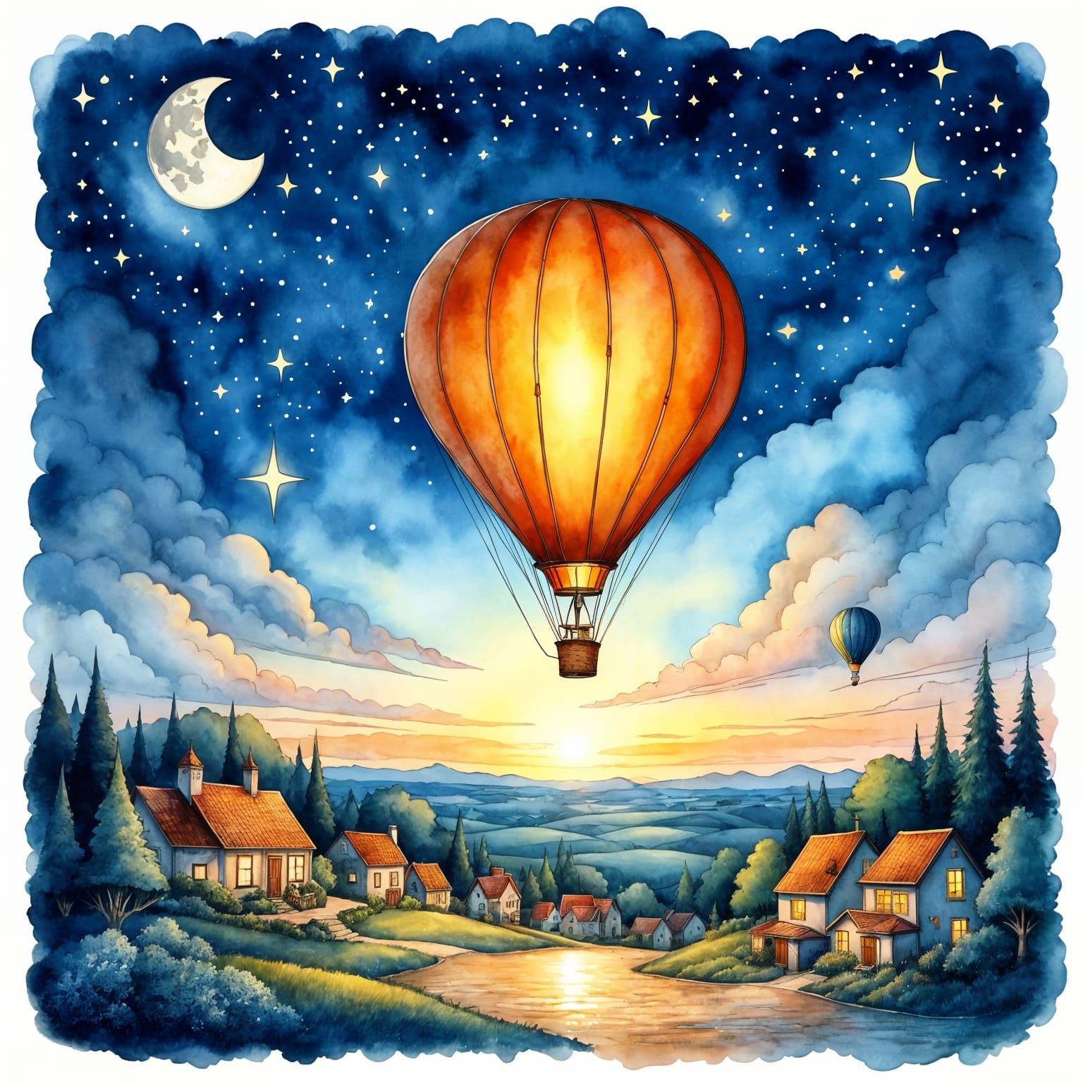 Glowing Hot Air Balloon Watercolor Illustration